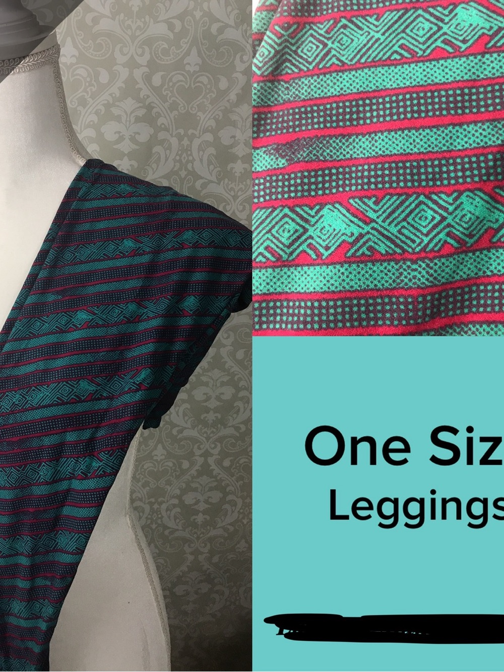 One Size Women's Teal and Magenta Striped Leggings- LuLaRoe NEW